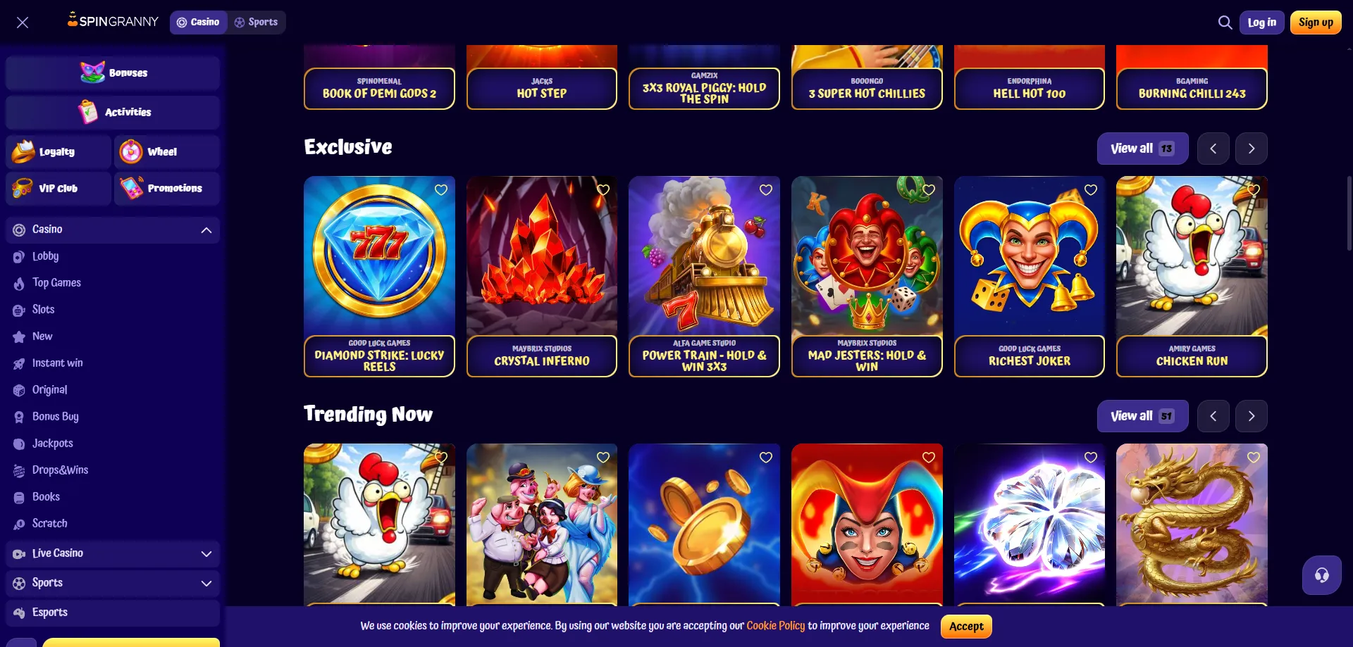 Selezione di slot e giochi online su Spingranny Casino Italia